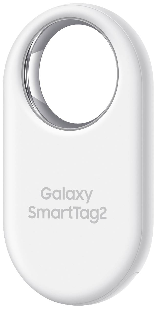 Biely 'Galaxy SmartTag2', oválne zariadenie s otvorom na pripevnenie, slúži na sledovanie a lokalizáciu osobných predmetov.
