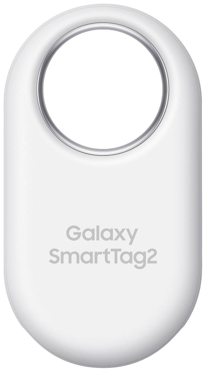 Biely Galaxy SmartTag2 s okrúhlym otvorom v hornej časti, určený na pripevnenie kľúčov alebo tašiek; s nápisom 'Galaxy SmartTag2'.