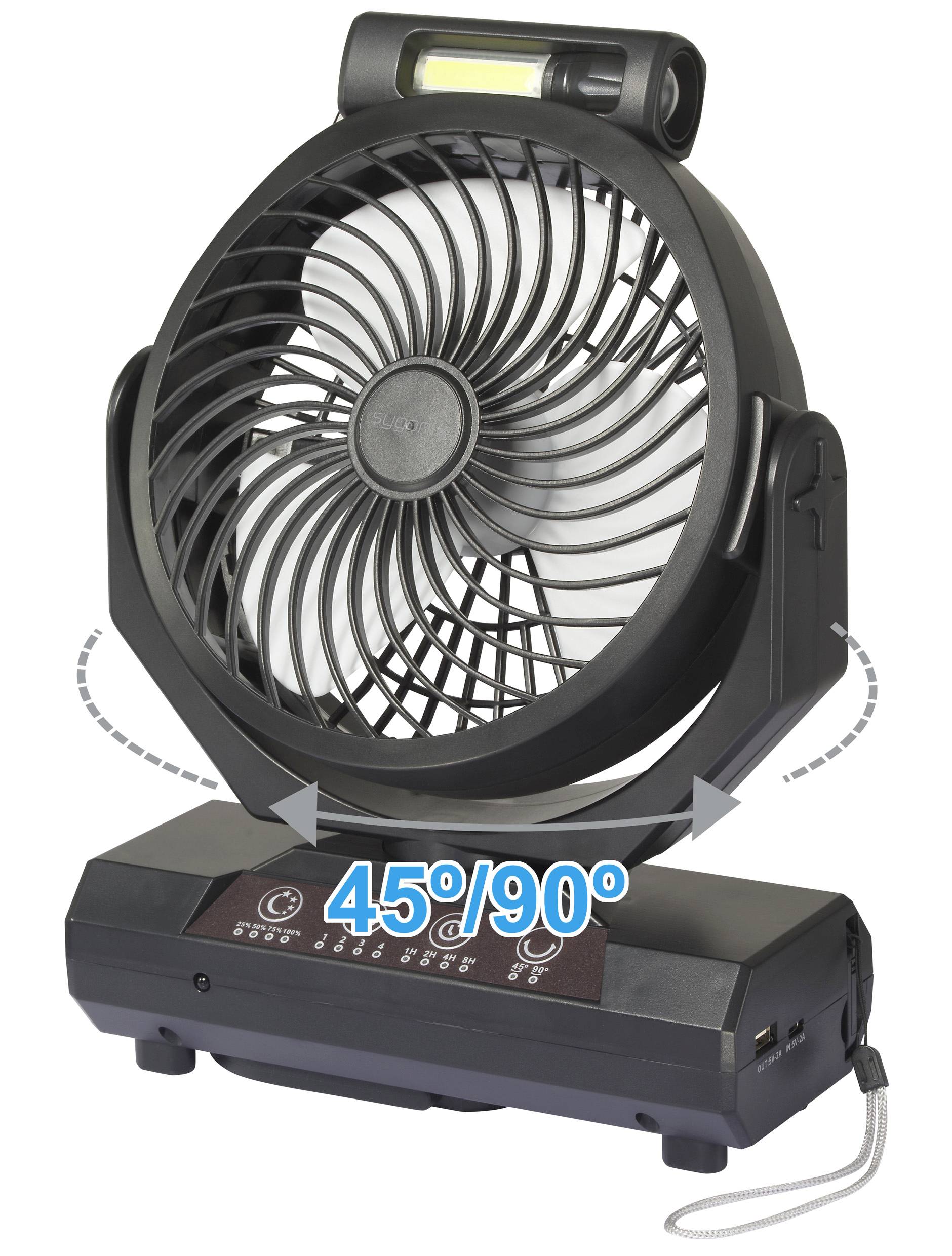 Čierny prenosný ventilátor s nastaviteľným uhlom sklonu 45° a 90°.