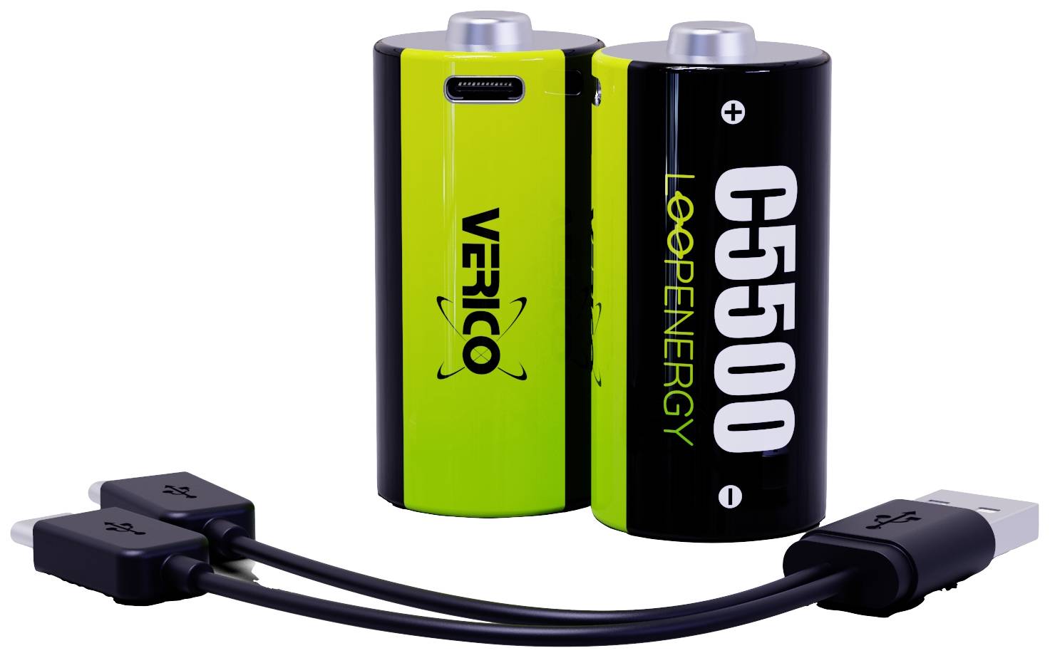 Dve nabíjateľné batérie s USB vstupom, jedna v zelenej farbe s nápisom 'Verico', druhá v čiernej farbe s nápisom 'Loop Energy C5500'.