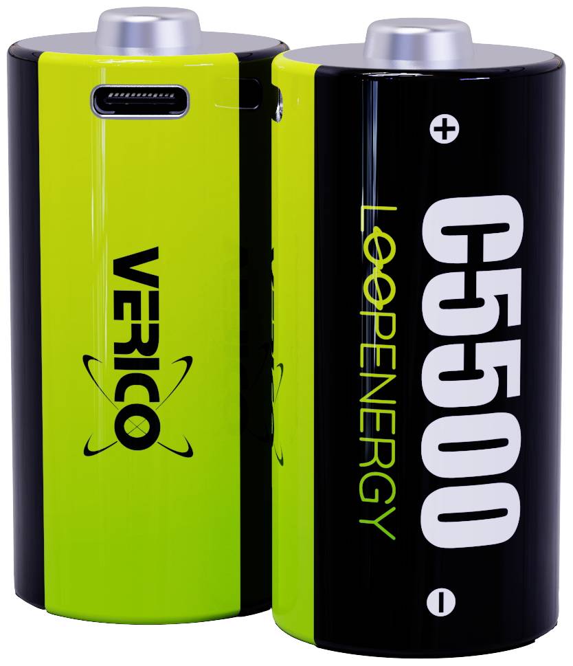 Dva čierne a zelené batérie značky Verico s nápisom "C5500 Loopenergy", zobrazené vo vzpriamenej polohe.
