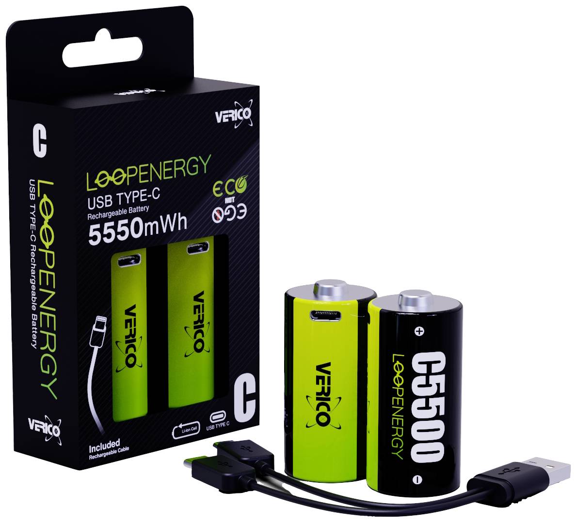 Balenie pre dve nabíjateľné USB-C batérie značky 'LoopEnergy' s kapacitou 5550 mWh. Obsahuje zelený a čierny dizajn.