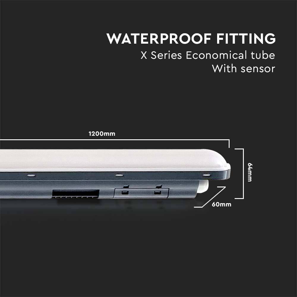 Vodotesný prvok s "X Series Economical Tube" a senzorom, rozmery: dĺžka 1200 mm, šírka 60 mm, výška 64 mm.
