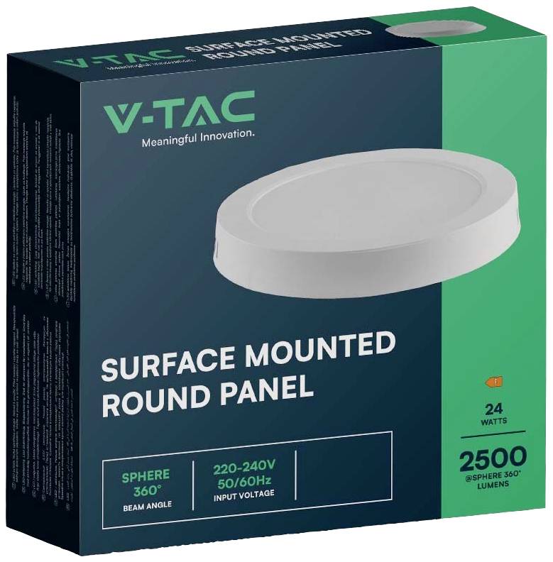 Balenie okrúhleho povrchovo montovaného LED svietidla značky V-TAC, 24 wattov, 2500 lúmenov, uhol vyžarovania 360 stupňov.