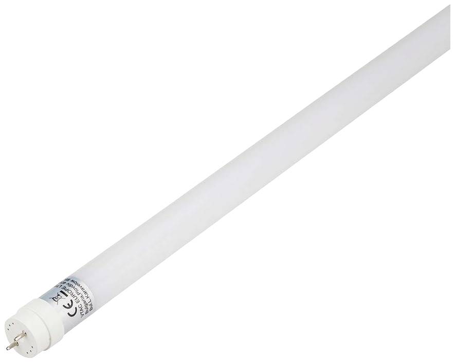 Biela LED trubica s označením CE, vhodná na osvetlenie, na bielom pozadí.