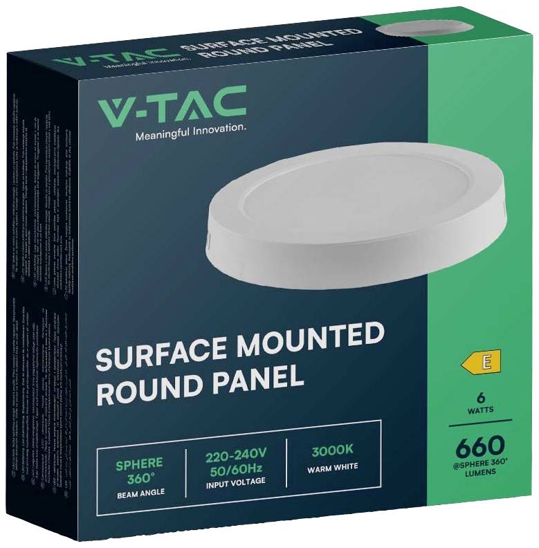LED okrúhly panel V-TAC na povrchovú montáž, 6 wattov, 660 lúmenov, 3000K teplá biela. Balenie zobrazuje obrázok produktu a technické parametre.
