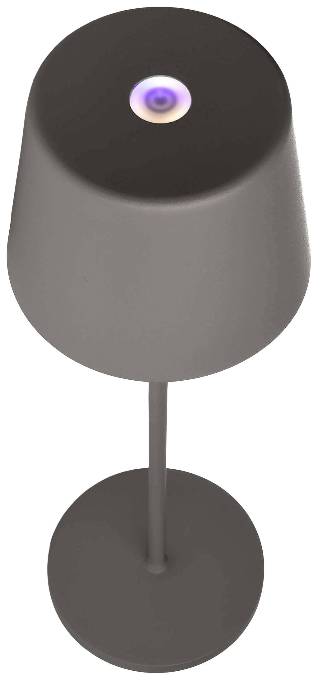 Moderná, jednoduchá stolná lampa v čiernej farbe s farebným svetelným tlačidlom na hornej strane.