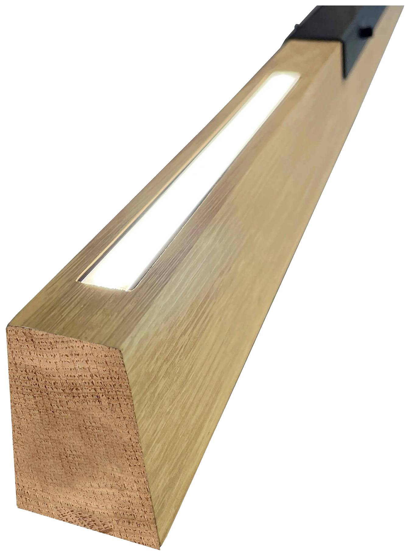 Drevené zábradlie s integrovaným LED osvetlením, ktoré osvetľuje cestu. Moderný, minimalistický dizajn pre schodiská alebo chodby.