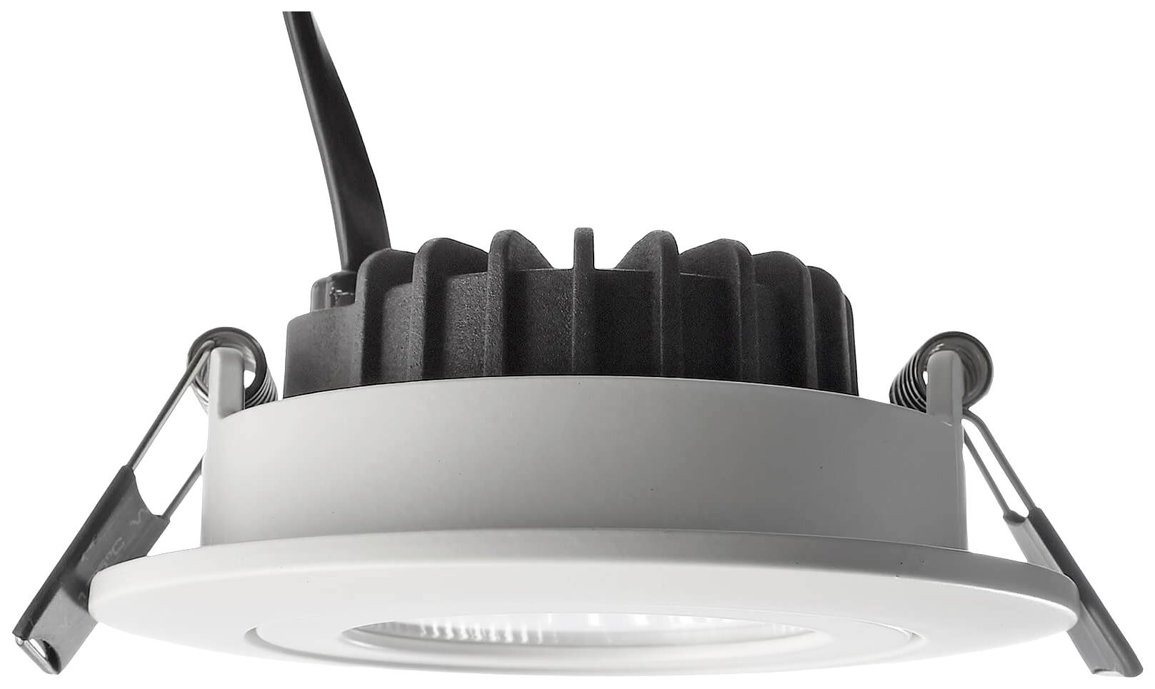 Okrúhle biele LED stropné podhľadové svietidlo s čiernymi chladiacimi rebrami a kovovými svorkami. Ideálne pre energeticky úsporné osvetlenie.