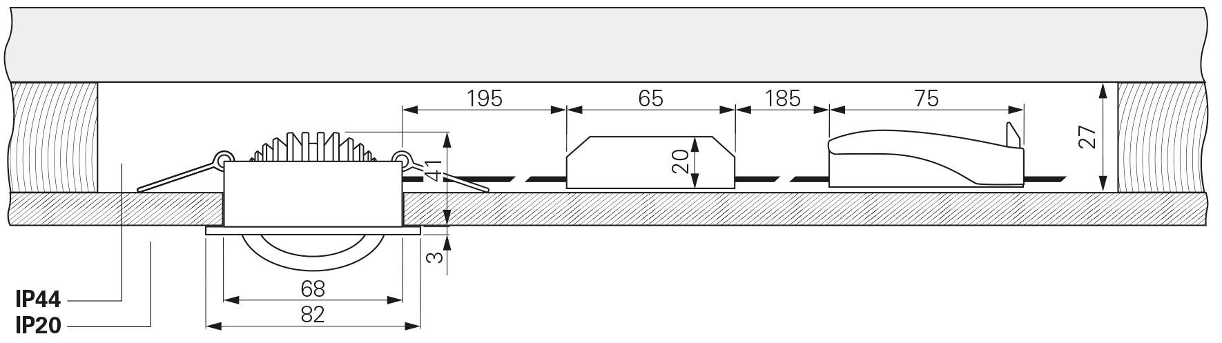 Diagram stropného zapusteného svietidla s rozmermi: šírka 195 mm, jednotlivé komponenty 65 mm a 75 mm, celková výška 27 mm, stupne krytia IP44/IP20.