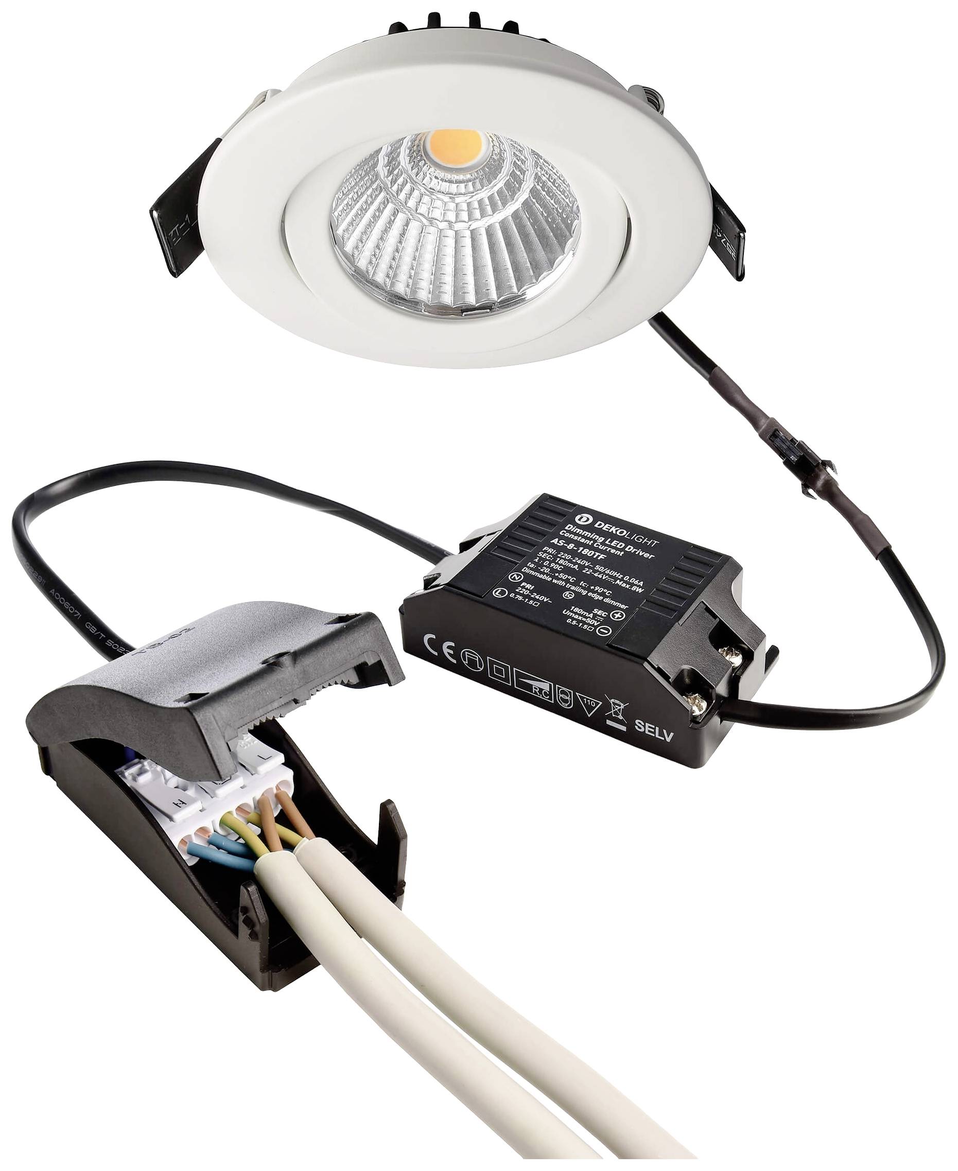 Okrúhly biely zapustený reflektor s LED svetelným zdrojom, prepojený s čiernym transformátorom a káblovými prípojkami.