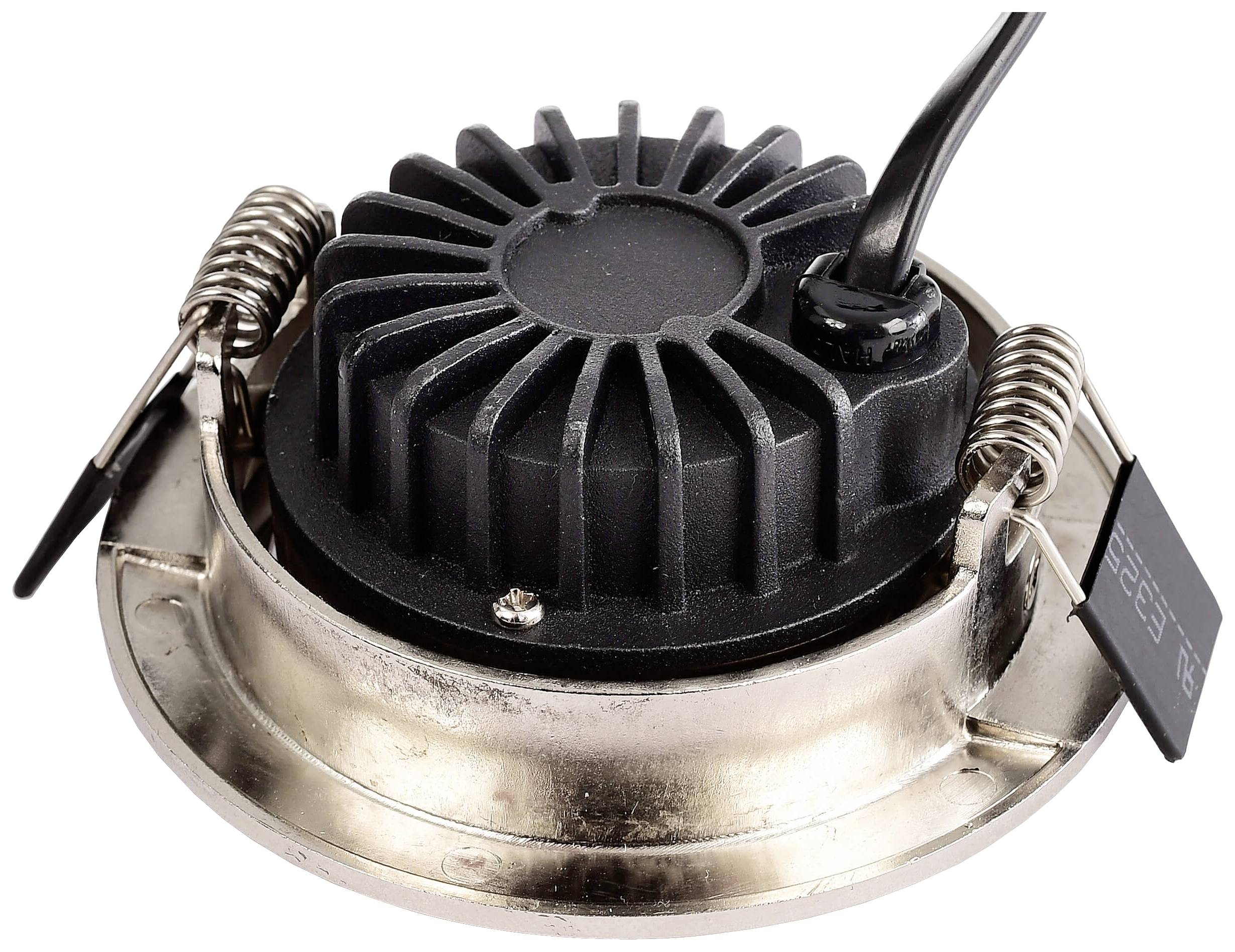 Okrúhle LED vstavané svietidlo s chladiacimi rebrami, kovovým púzdrom a dvoma pružinovými svorkami na upevnenie. Jeden kábel vedie od zadnej strany.