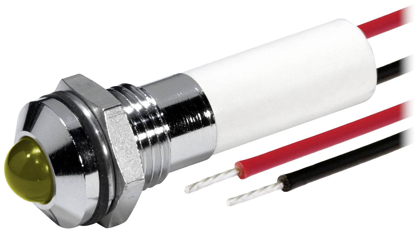 Guľatý LED indikátor so žltým svetlom, namontovaný v kovovom puzdre, s červenými a čiernymi elektrickými pripájacími vodičmi.