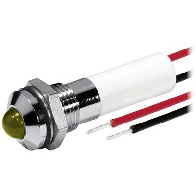 Guľatý LED indikátor so žltým svetlom, namontovaný v kovovom puzdre, s červenými a čiernymi elektrickými pripájacími vodičmi.