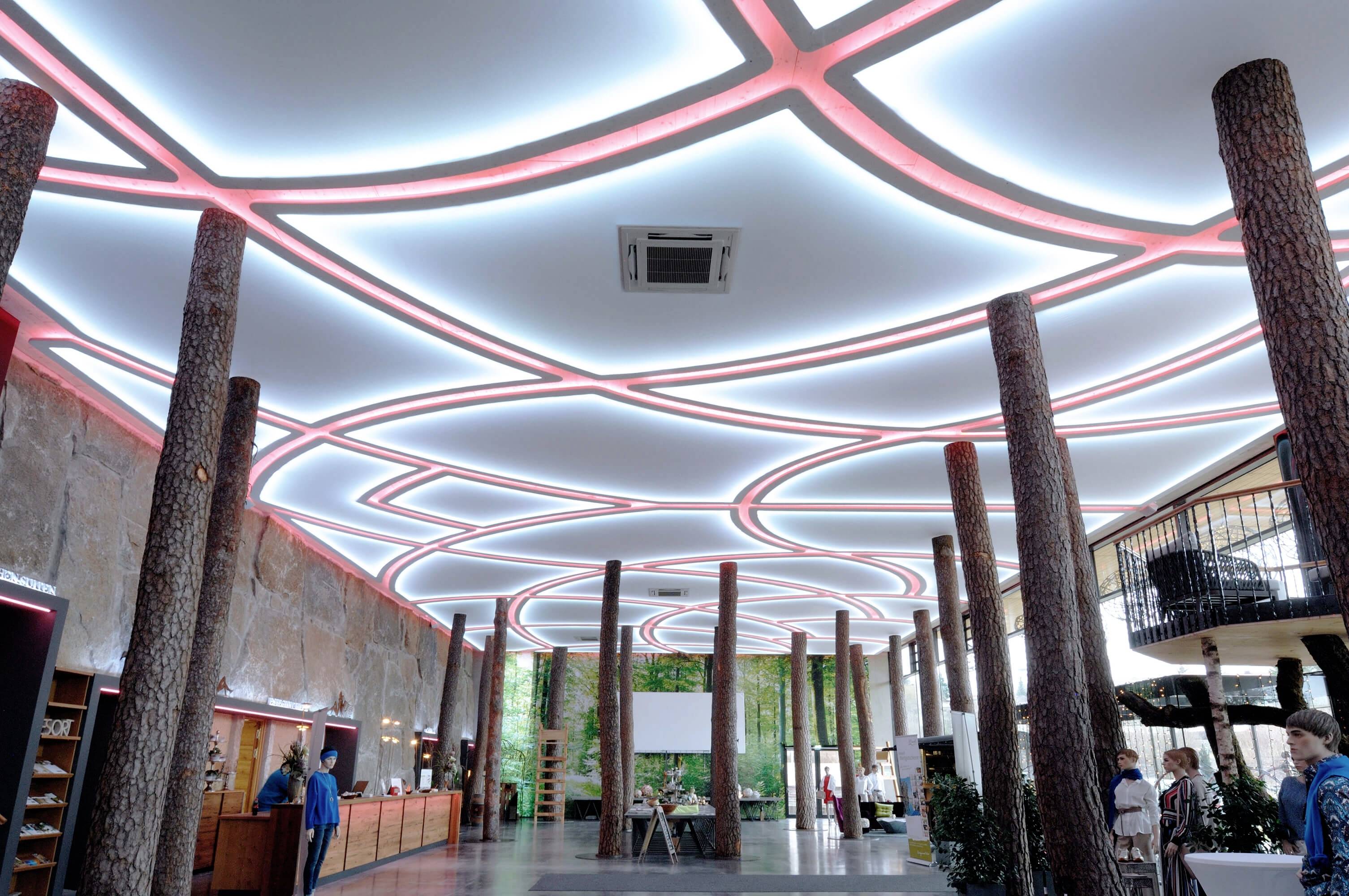 Priestranný interiér s moderným, žiarivým dizajnom stropu a stĺpmi, ktoré vyzerajú ako kmene stromov. Vľavo recepčný pult, vpravo ľudia.