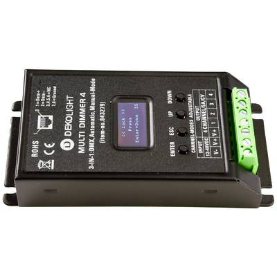 Čierny multidimmer s digitálnymi ovládacími prvkami a svorkami; značka 'Dekolight', číslo modelu '84329'.