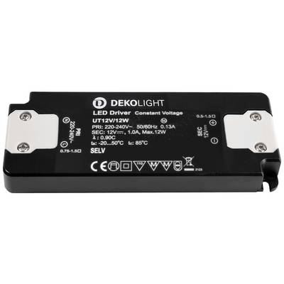 'DEKOLIGHT LED-ovládač konštantného napätia UT12V/12W'. Vstupy: 220-240V, 50/60Hz, 0,13A. Výstupy: 12V, 1,0A, Max. 12W. Rozsah: -20...50°C.