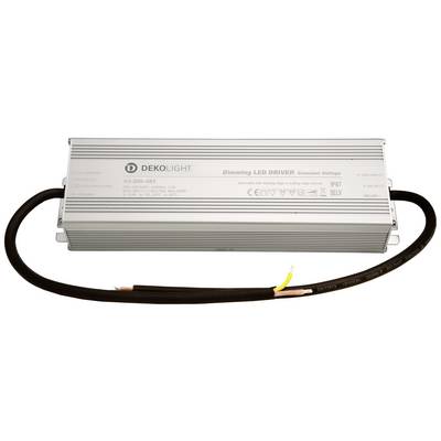 Strieborný LED ovládač od spoločnosti Dekolight s nápisom 'Dimming LED Driver'. Čierny a žltý kábel sú pripojené.