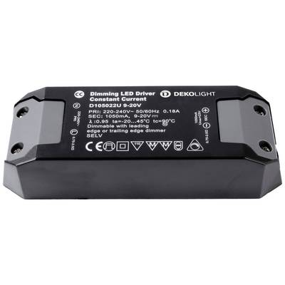 'Stmievateľný LED driver s konštantným prúdom' od DEKOLIGHT, model D105022U 9-20V. Vstup: 220-240V, 0,18A, 50/60Hz. Výstup: 1050mA, 9-20V.