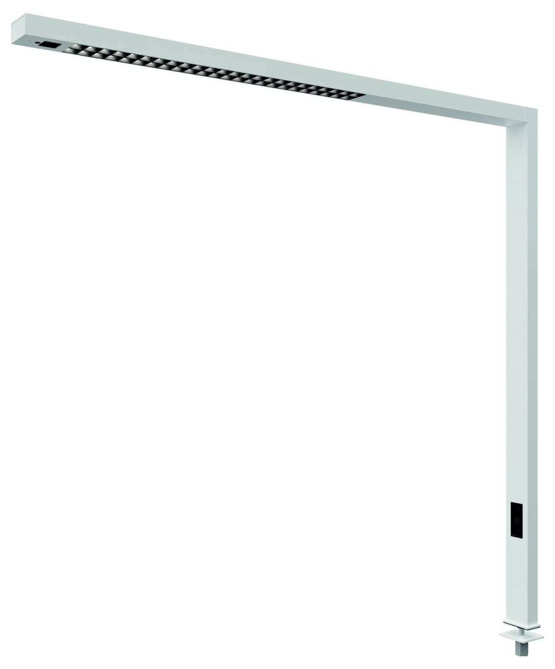 Minimalistická svetlomodrá LED stolová lampa s dlhou vodorovnou hlavicou a zvislou podperou na bielom pozadí.