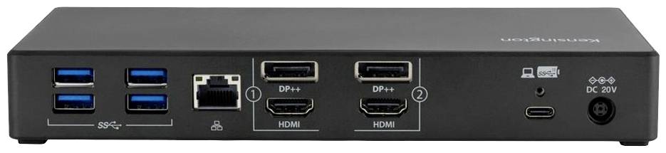 Čierne dokovacie zariadenie pre stolný počítač s viacerými portami: štyri USB, jeden Ethernet, dva DisplayPort, dva HDMI a jeden USB-C port.