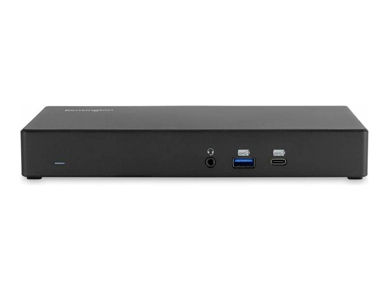 Čierna dokovacia stanica s viacerými portami vrátane USB-A, USB-C a audiovýstupu na prednej strane.