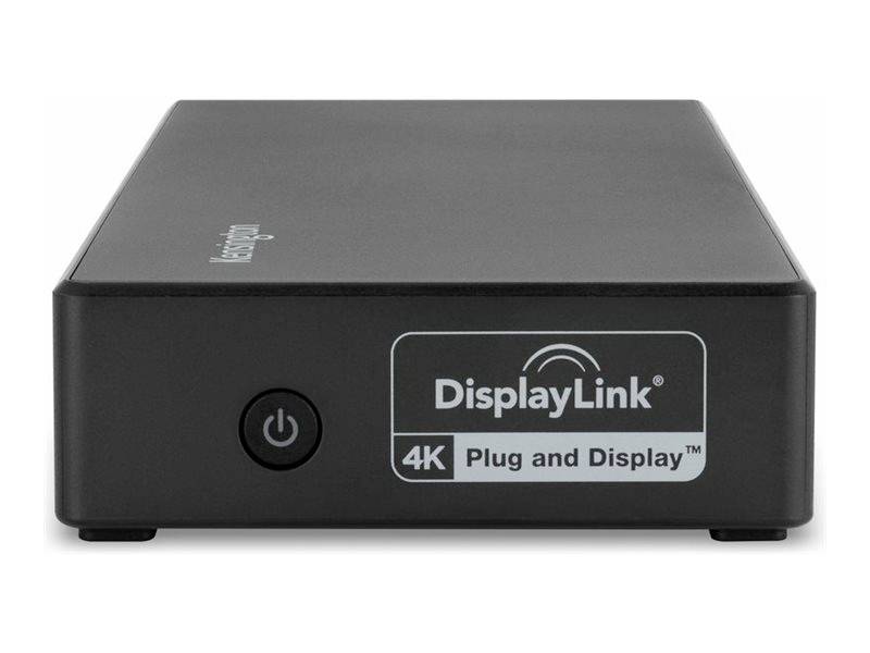 Čierna dokovacia stanica DisplayLink s sieťovým vypínačom na prednej strane s nápisom '4K Plug and Display'.