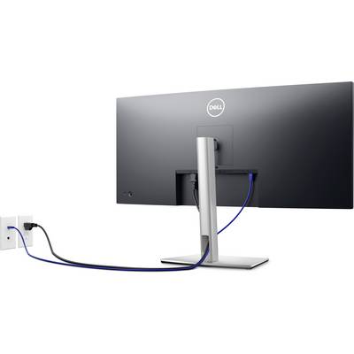 Počítačový monitor z pohľadu zozadu, prepojený modrými káblami pre dáta a napájanie do elektrickej zásuvky.