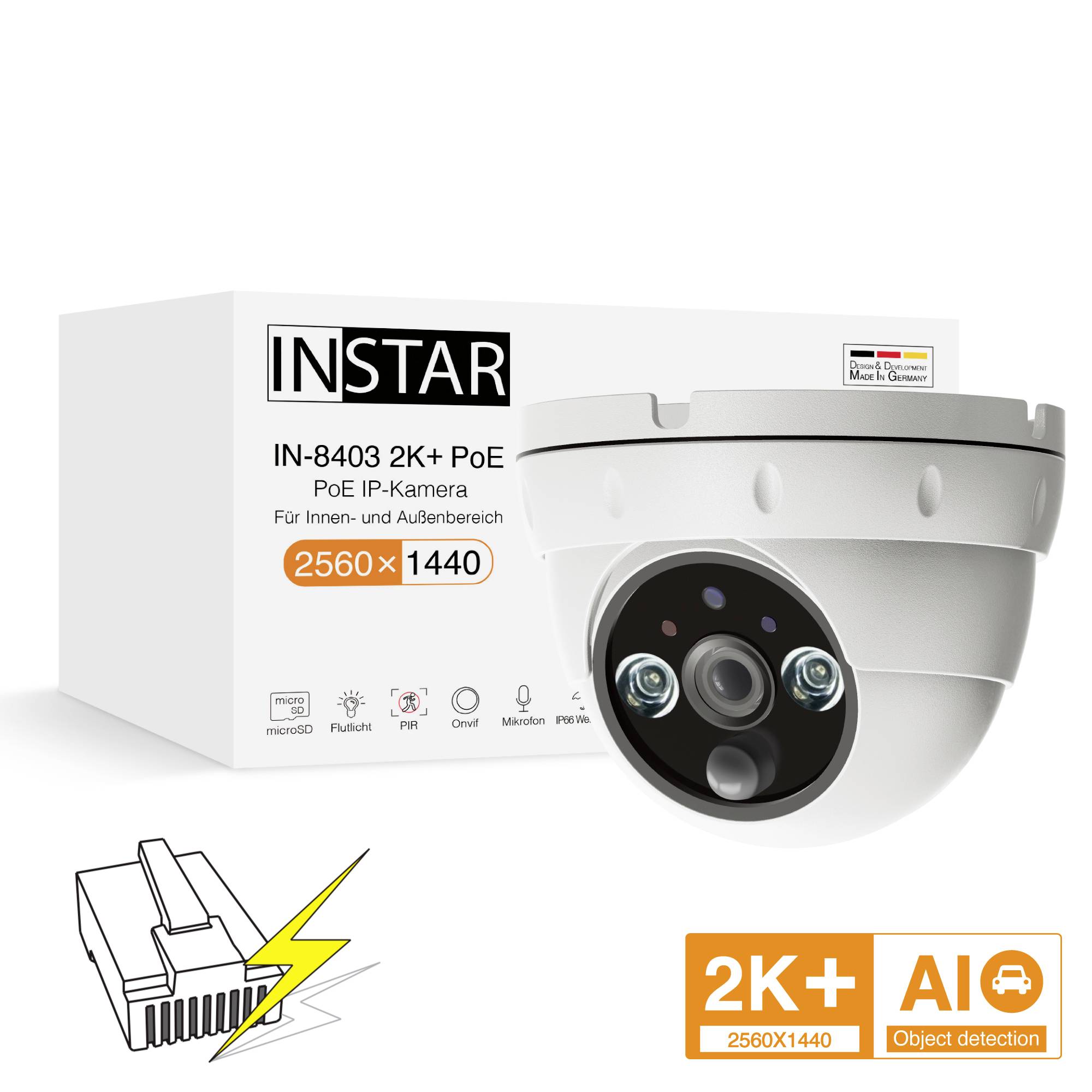 INSTAR IN-8403 2K+ PoE IP kamera pre vnútorné a vonkajšie použitie s rozlíšením 2560x1440. Balenie zobrazuje kameru so schopnosťou rozpoznávania objektov.