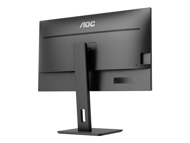 Černý monitor AOC je vidieť zozadu; obdĺžnikový stojan, jednoduché dizajnové prevedenie, vhodné pre kancelárske použitie.