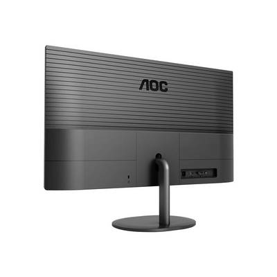 Zadný pohľad na čierny AOC monitor s viacerými pripojovaciami možnosťami vrátane HDMI a VGA. Monitor je umiestnený na kruhovom podstavci.