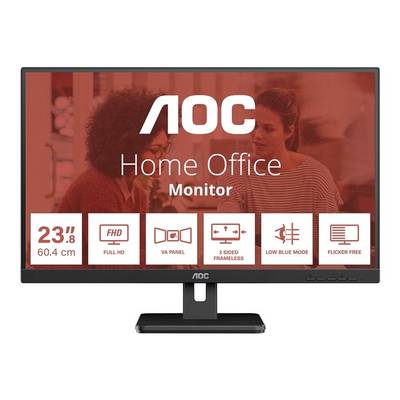 Monitor s nápisom 'AOC Home Office Monitor'. Charakteristiky vrátane 23,8", Full HD, VA panel, tenký rám a bez blikania.