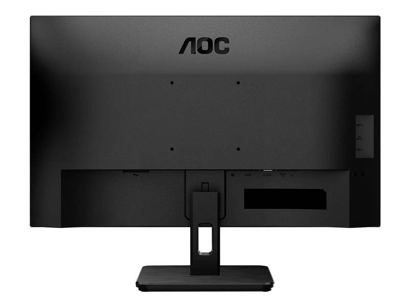 Čierny počítačový monitor značky AOC z pohľadu zozadu, zobrazujúci podstavec a konektory, bez viditeľnej zobrazovacej plochy.