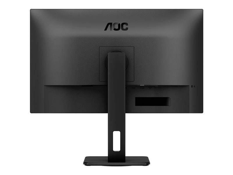 Monitor v čiernej farbe pohľadený zozadu, bez loga, na stole.