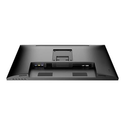 Pohľad zozadu na čierny počítačový monitor s viacerými prípojkami vrátane portov HDMI a USB.