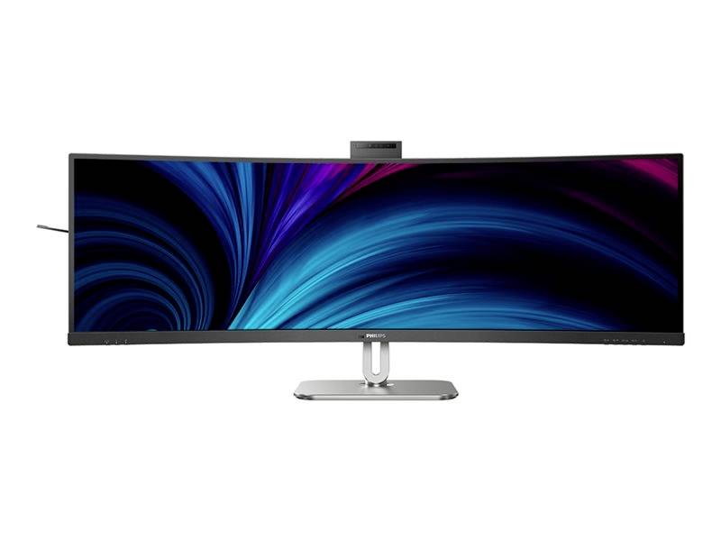 Ultrafialový zakrivený monitor s modrou a fialovou svetelnou vlnou na obrazovke, umiestnený na jednoduchom podstavci.