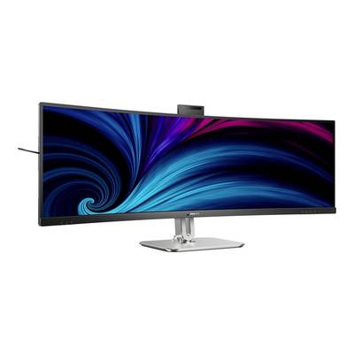 Ultraširokouhlý počítačový monitor zobrazuje dynamické, abstraktné zobrazenie v odtieňoch modrej a červenej. Monitor má elegantný, moderný dizajn.