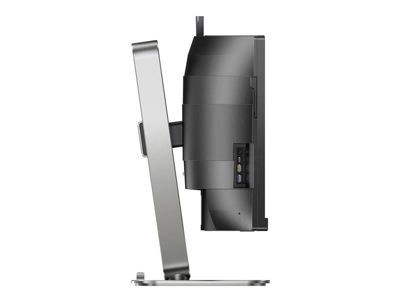 Pohľad zboku na počítačový monitor na stojane, zobrazujúci konektory na zadnej strane monitora.