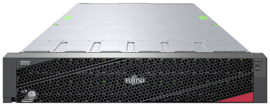 Server s čiernou mriežkou, na prednej strane je nápis 'Fujitsu'. Plochý dizajn, sivý kryt. Vhodný pre dátové centrá.