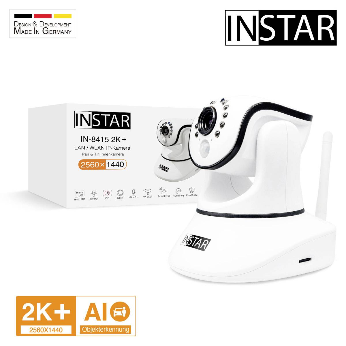 Biela bezpečnostná kamera s obalom, značka 'INSTAR'. Detaily: Model IN-8415 2K+, rozlíšenie 2560x1440, detekcia pohybu a objektov.