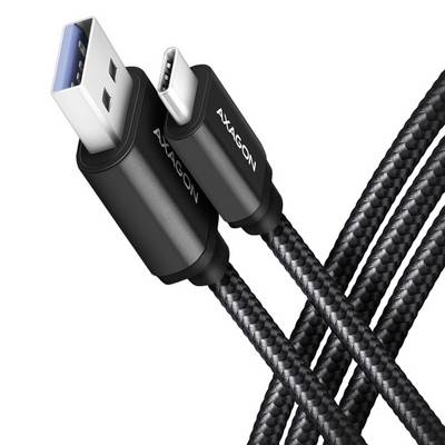 USB-C kábel od Axagonu, čierny opletený dizajn, zobrazuje USB-A aj USB-C koncovky.