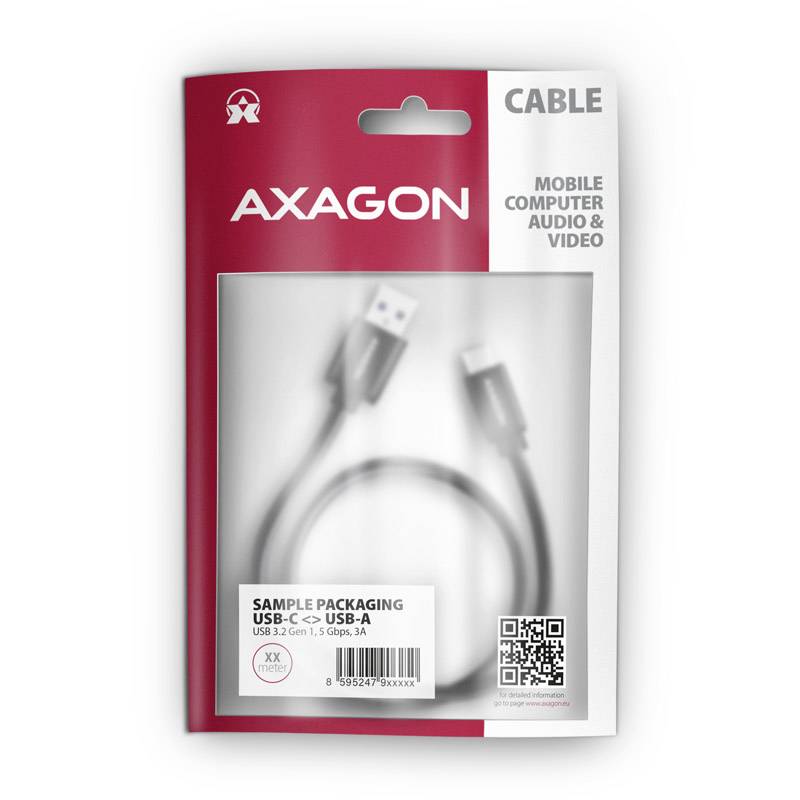 USB-C na USB-A kábel v balení. Nápis: 'Axagon, Kábel, Mobilný Počítač Audio & Video'. Etiketa: 'Vzorková Balenie, 25 cm, 5 Gbps, 3A'.