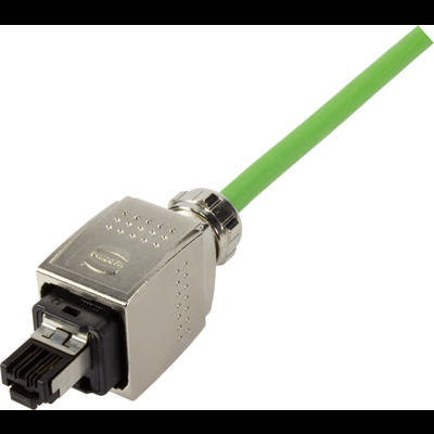 Zelený ethernetový kábel s kovovými konektormi pre priemyselné siete.