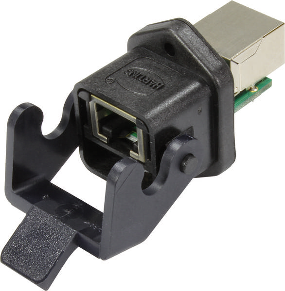 Čierny, obdĺžnikový USB konektor s uzavretým krytom a úchytom, vhodný pre priemyselné použitie.