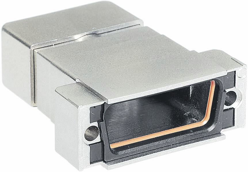 Kovový HDMI adaptér, striebornej farby, obdĺžnikového tvaru s otvoreným koncovým konektorom a oranžovým okrajom vo vnútri.