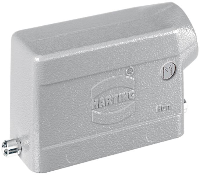 Kryt z sivého kovu so svorníkovými skrutkami vľavo a vpravo. Logo 'HARTING' a označenie 'M' viditeľné.