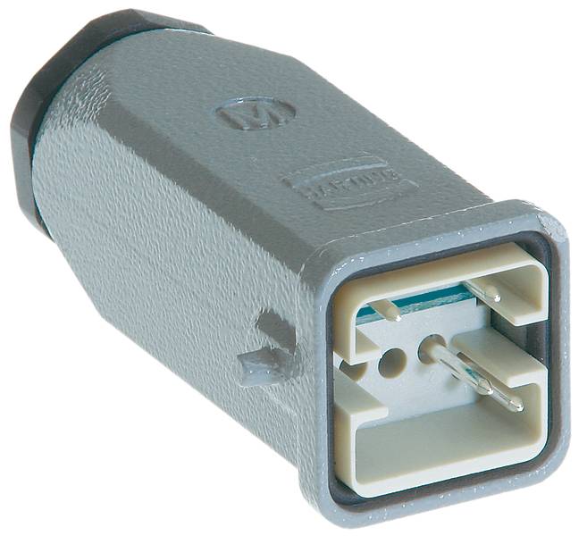 Šedá elektrická zástrčka s obdĺžnikovým vývodom a dvoma otvormi na upevnenie.