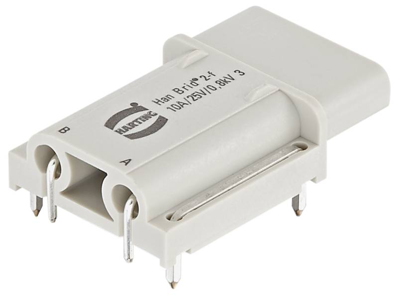 Sivá elektrická zástrčka s logom HARTING, troma okrúhlymi kolíkmi a nápisom 'Han Brid 2+1', 10A/250V, 0,8 kV.