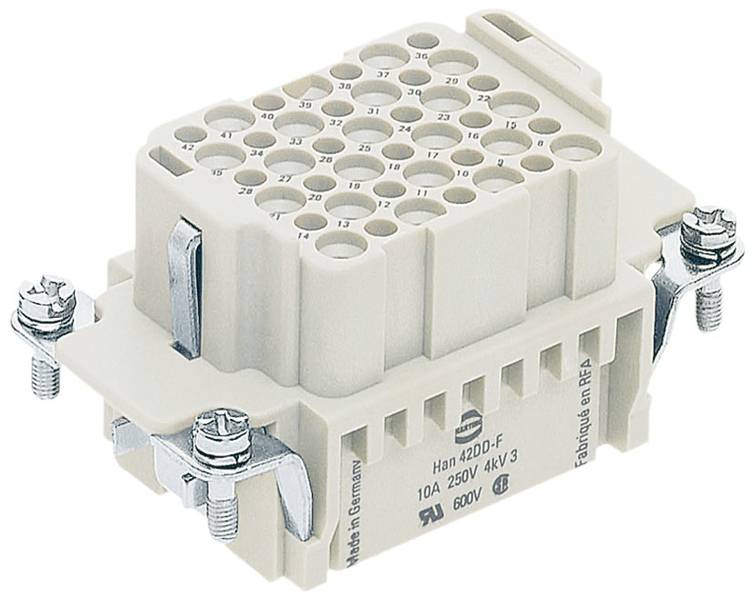 Obdĺžnikový elektrický konektor s určenými číselnými pinmi a vývodmi, vhodný pre aplikácie s prúdom 10A a napätím 250V alebo 600V.