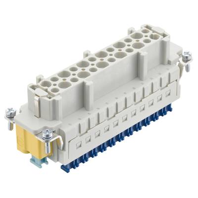 Šedý, viacpólový elektrický konektor s modrými a žltými prvkami, vhodný pre priemyselné aplikácie.